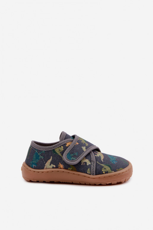 Laste sussid poistele kleepuvate kinnitustega Barefoot Dinozaurai Froddo G1700438-26 hallid