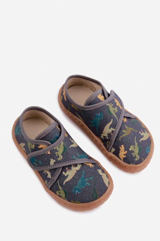 Laste sussid poistele kleepuvate kinnitustega Barefoot Dinozaurai Froddo G1700438-26 hallid