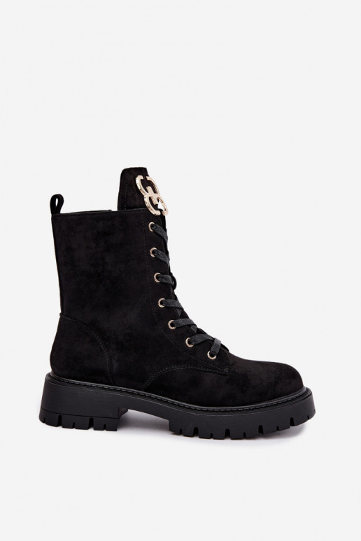 Soojad naiste ankle boots sametist ornamentidega, must Falira