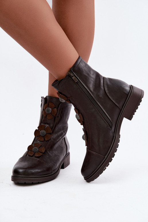 Naiste ankle boots laiad kontsad ja lillemustriga šokoladi värviga