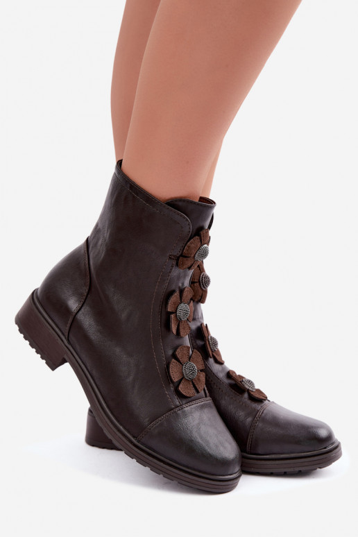 Naiste ankle boots laiad kontsad ja lillemustriga šokoladi värviga
