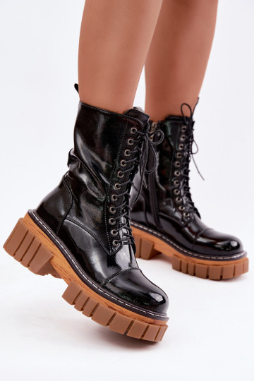 Mustad nahast soojad töö ankle boots lakiefektiga Artiker 49C0344
