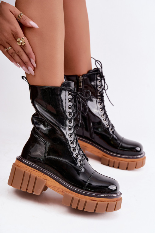 Mustad nahast soojad töö ankle boots lakiefektiga Artiker 49C0344