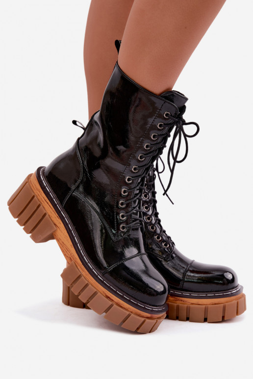 Mustad nahast soojad töö ankle boots lakiefektiga Artiker 49C0344