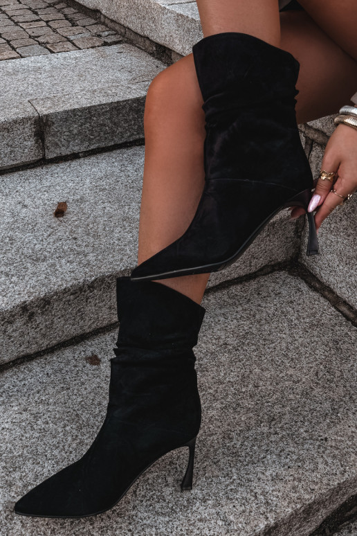 ankle boots kunstsuede õhukeste kontsadega soojustatud volangidega D&A JC62-1038 mustas värv