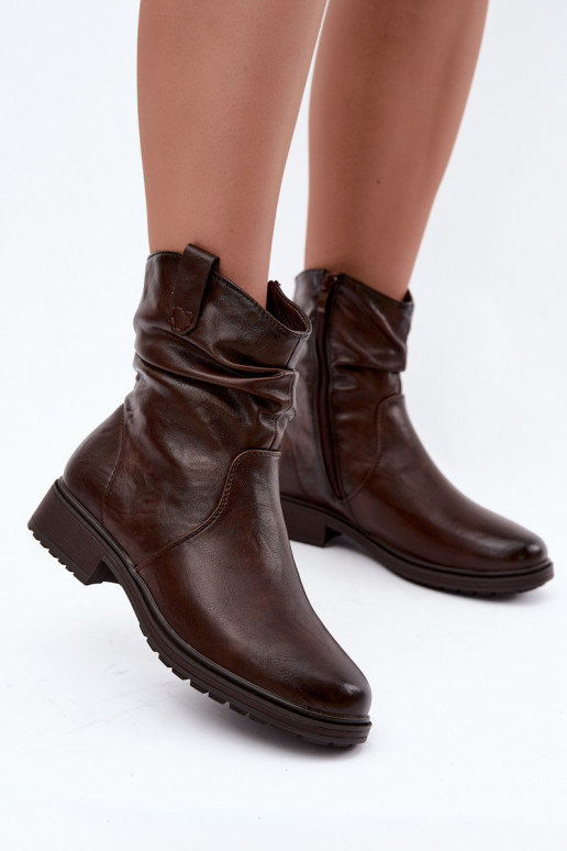 Soojad naiste ankle boots kortsudega šokolaadi