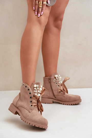 Soojad ankle boots kunstpärlite ja ribaga beežid Perla 2