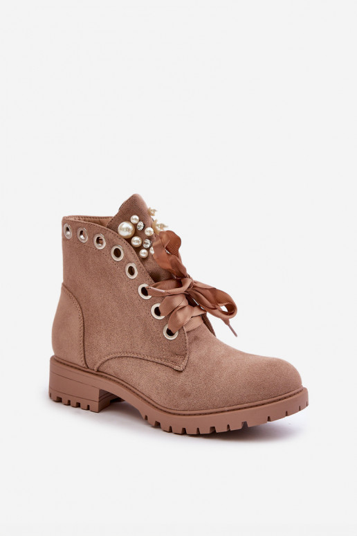 Soojad ankle boots kunstpärlite ja ribaga beežid Perla