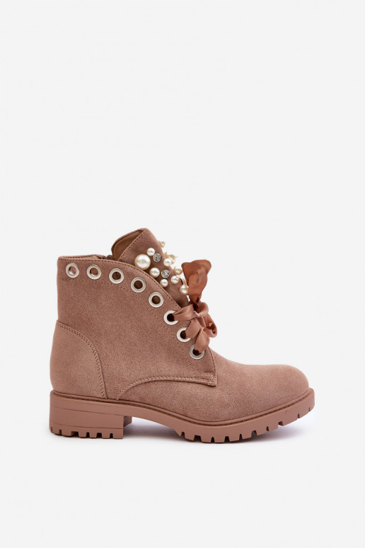 Soojad ankle boots kunstpärlite ja ribaga beežid Perla