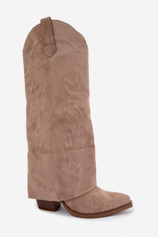 Naiste cowboy-stiilis pikad saapad kontsaga ja tikandiga liivakarva Terise