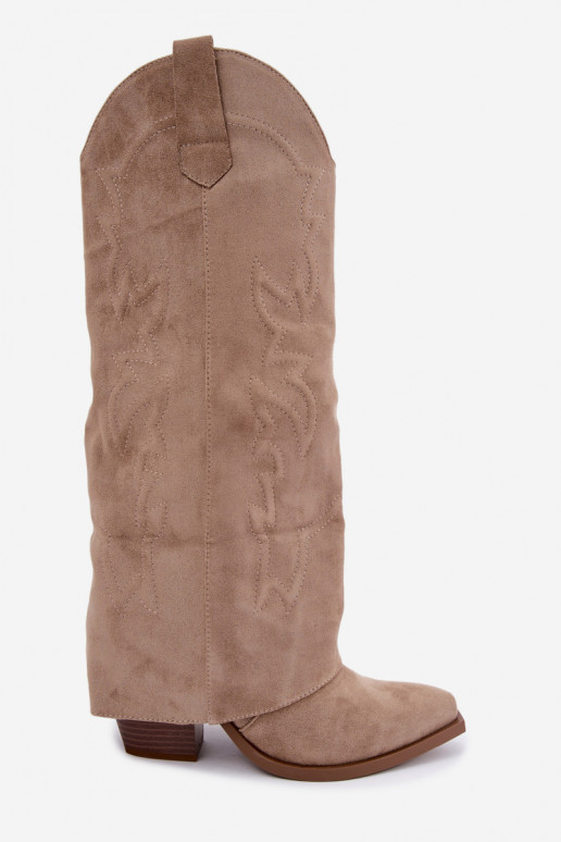 Naiste cowboy-stiilis pikad saapad kontsaga ja tikandiga liivakarva Terise