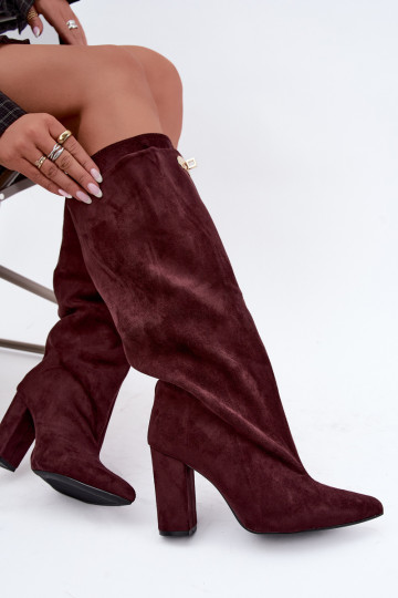 Sooja voodriga kõrged saapad kahekordse varruga ja burgundi faux suede kontsadega Luminelle