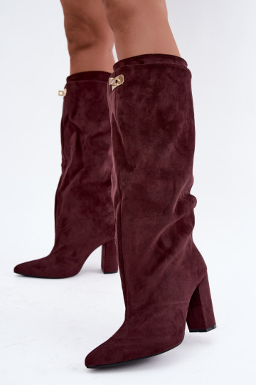 Sooja voodriga kõrged saapad kahekordse varruga ja burgundi faux suede kontsadega Luminelle 2