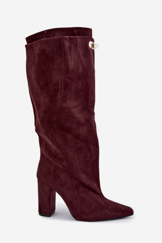 Sooja voodriga kõrged saapad kahekordse varruga ja burgundi faux suede kontsadega Luminelle