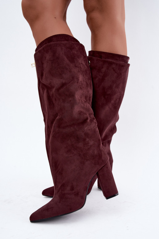 Sooja voodriga kõrged saapad kahekordse varruga ja burgundi faux suede kontsadega Luminelle