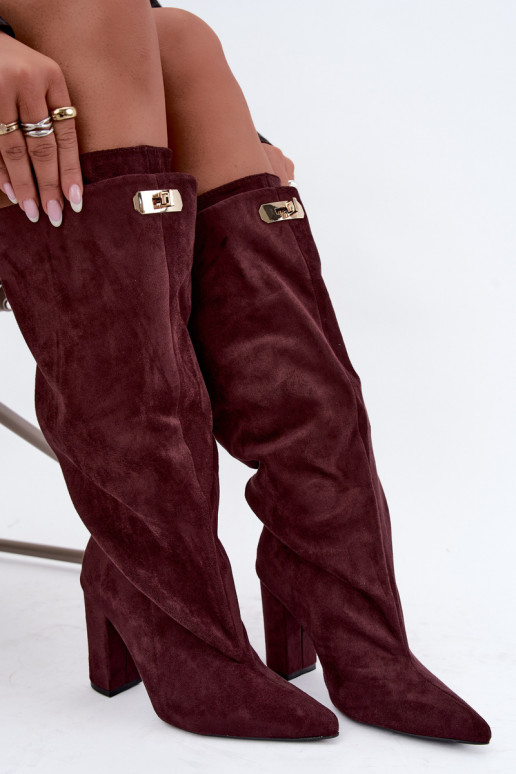 Sooja voodriga kõrged saapad kahekordse varruga ja burgundi faux suede kontsadega Luminelle
