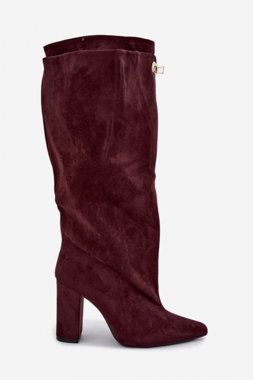 Sooja voodriga kõrged saapad kahekordse varruga ja burgundi faux suede kontsadega Luminelle