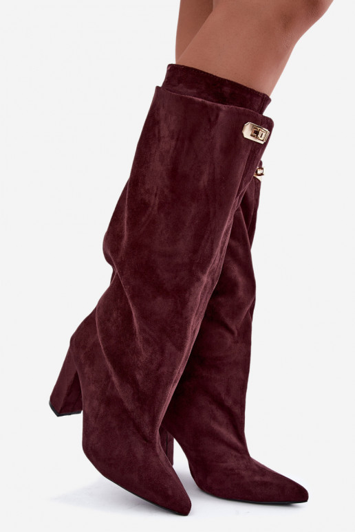 Sooja voodriga kõrged saapad kahekordse varruga ja burgundi faux suede kontsadega Luminelle