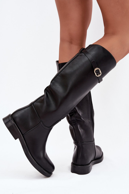 Mustad naiste üle põlve saapad laiad kontsad ja kuldsed pandlad Sylvena