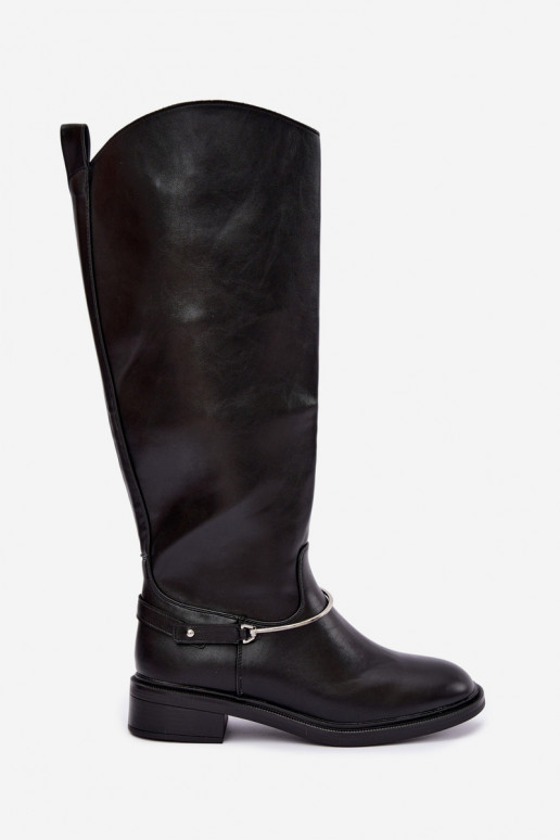 Kõrged saapad laia kontsaga ja dekoratiivsete ribanditega mustas värvuses INillene