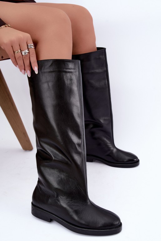 Soojad nahast kõrged saapad laia kontsaga mustas Zazoo 542