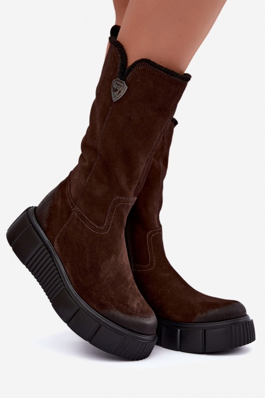 naiste kõrged saapad pruunist kunstsuede'ist villaga Zazoo
