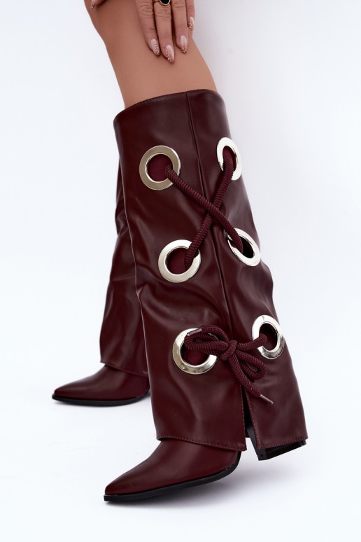 kõrged saapad nööridega ja dekoratiivsete nööridega burgundia värv