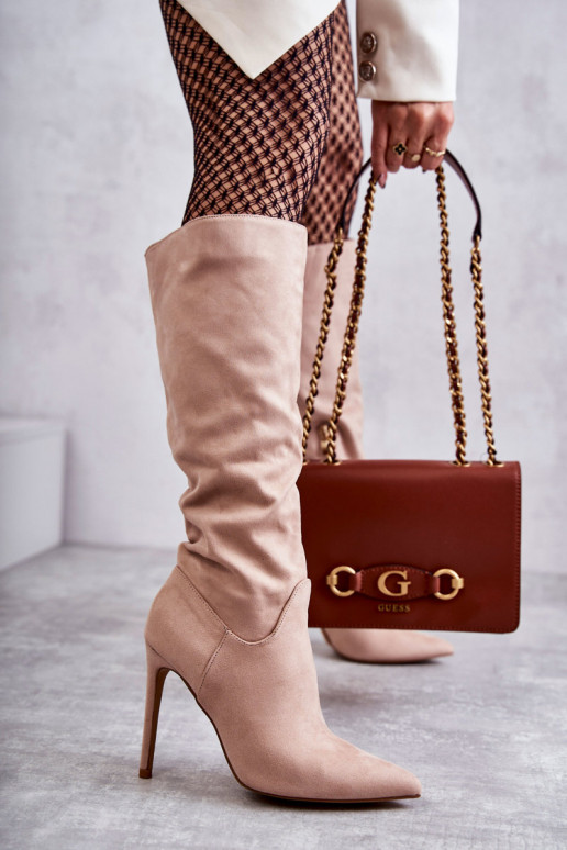 Klassikalise mudeli seemisnakhsed pika säärega saapad kõrge jämeda kontsaga beeži värvi Ameya Klassikalise mudeli seemisnakhsed pika säärega saapad kõrge jämeda kontsaga beeži värvi Ameya