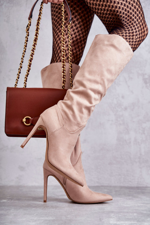 Klassikalise mudeli seemisnakhsed pika säärega saapad kõrge jämeda kontsaga beeži värvi Ameya Klassikalise mudeli seemisnakhsed pika säärega saapad kõrge jämeda kontsaga beeži värvi Ameya