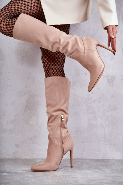 Klassikalise mudeli seemisnakhsed pika säärega saapad kõrge jämeda kontsaga beeži värvi Ameya Klassikalise mudeli seemisnakhsed pika säärega saapad kõrge jämeda kontsaga beeži värvi Ameya