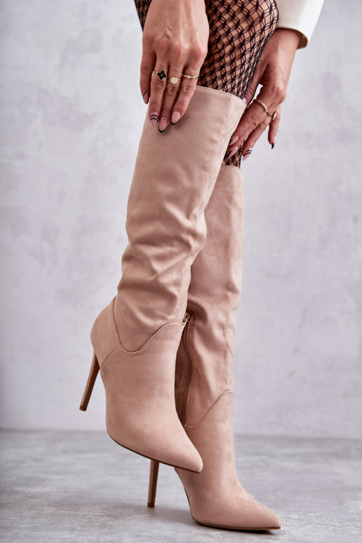 Klassikalise mudeli seemisnakhsed pika säärega saapad kõrge jämeda kontsaga beeži värvi Ameya Klassikalise mudeli seemisnakhsed pika säärega saapad kõrge jämeda kontsaga beeži värvi Ameya