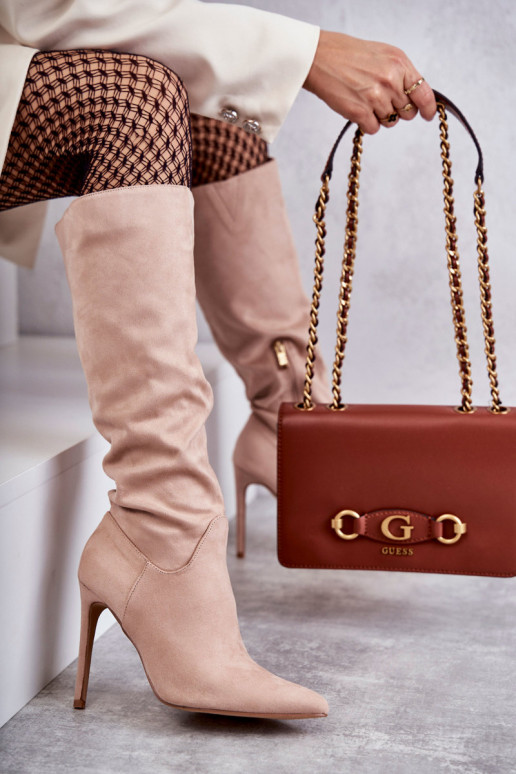 Klassikalise mudeli seemisnakhsed pika säärega saapad kõrge jämeda kontsaga beeži värvi Ameya Klassikalise mudeli seemisnakhsed pika säärega saapad kõrge jämeda kontsaga beeži värvi Ameya