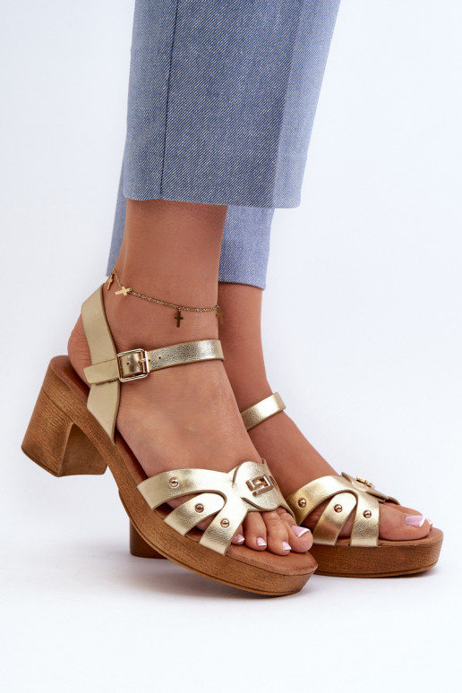 Naistesandaalid kõrge jämeda kontsaga eko-nahast Kuldset värvi Assames