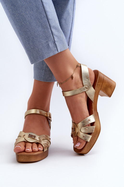 Naistesandaalid kõrge jämeda kontsaga eko-nahast Kuldset värvi Assames