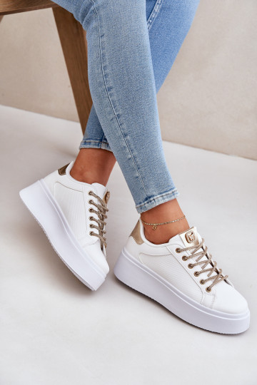 Sneakers tüüpi jalanõud platvormiga Koos Ornatei Sznurósissekami Valget-Kuldset värvi Fonetha 2