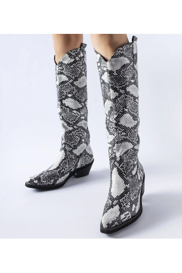 Chapin musta ja valge Snake Print Cowboy saapad