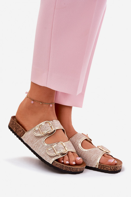 Riidest naiste plätud Korkosissea platvormil neetide ja pandlaga Kuldset värvi Osoffe